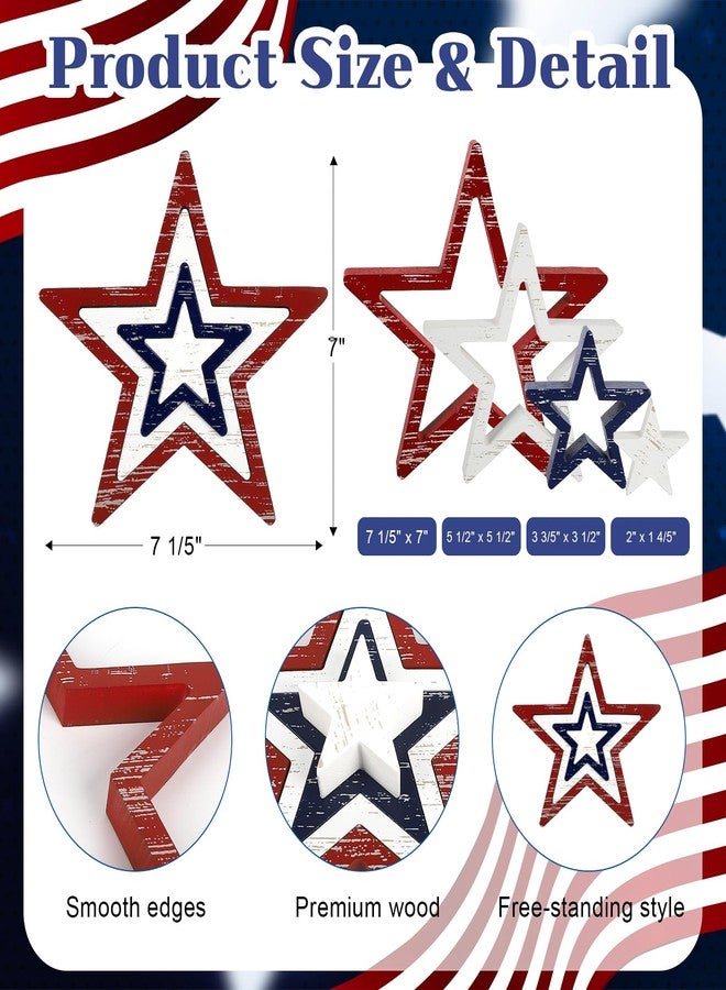 COCHIE 4th of July Decorations Stars Set of 4, Red White Blue Decor, Patriotic Memorial Day Star Tiered Tray Decor, Labor Day Fourth of July Decoration for Home Office Table Shelf (Retro Solid) - Image 2